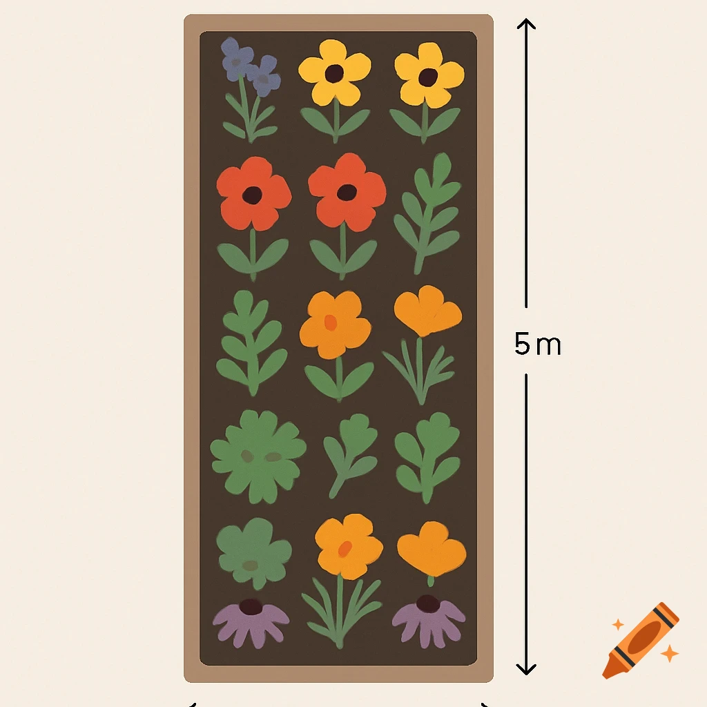 A top-down view of a rectangular garden bed with colorful minimalist flowers and plants in rows, with a 5m measurement on the side.