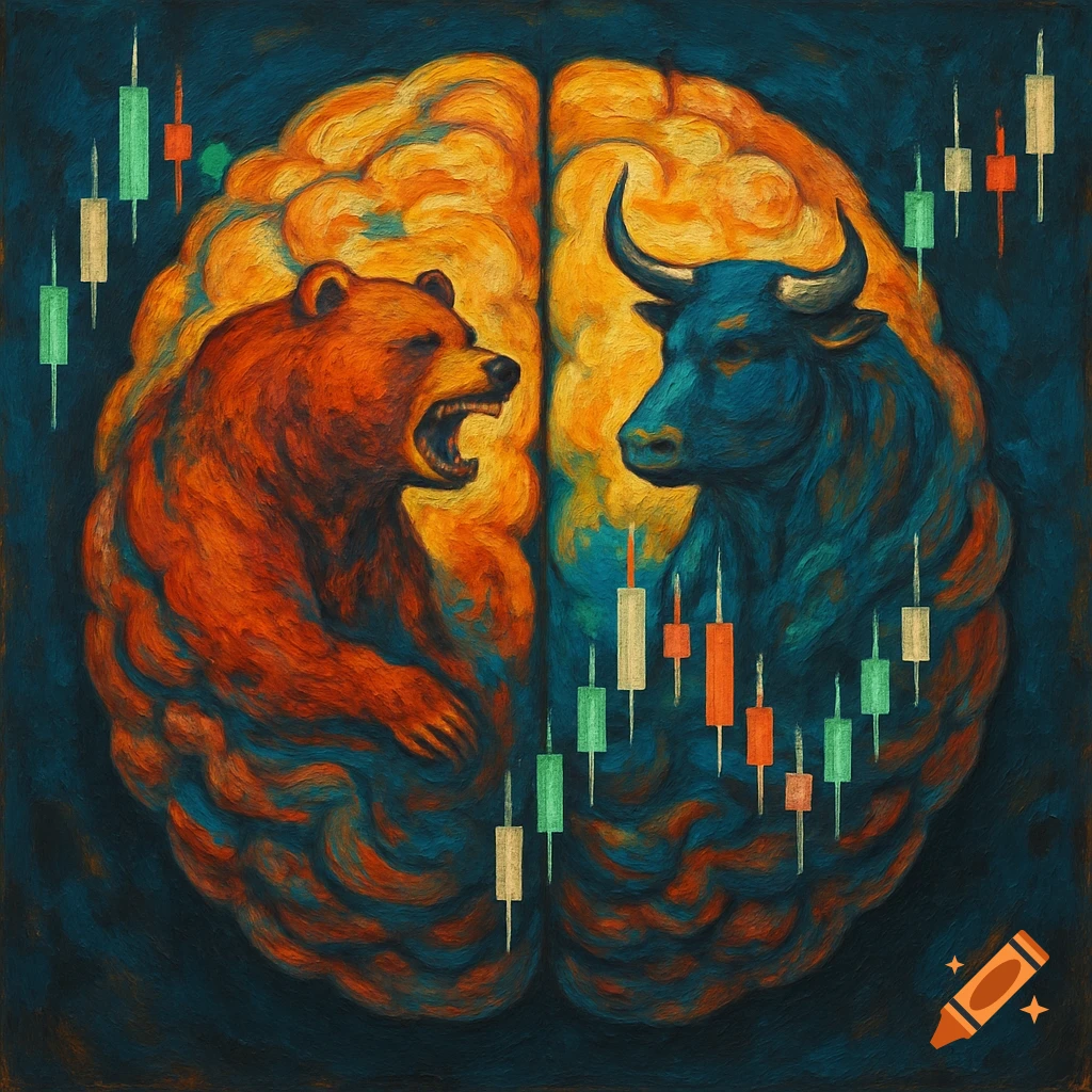 An oil painting style image of a red bear and a blue bull inside a brain, with financial candlestick charts around them.