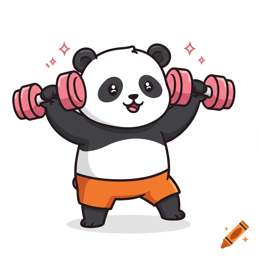 A cute cartoon panda character wearing orange shorts lifts pink dumbbells with sparkling effects.