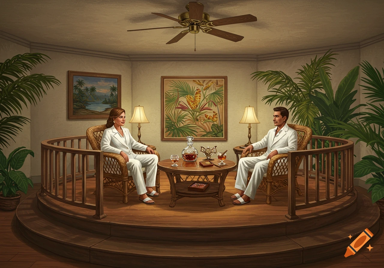 A man and woman in white suits sit in wicker chairs in a tropical-themed private sitting area with a decanter on a table.