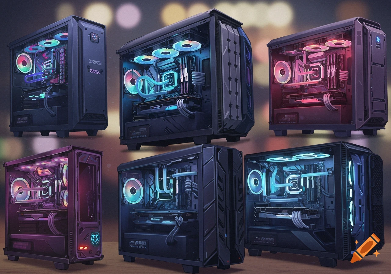 Multiple custom-built desktop computers with various colorful RGB lighting configurations, showcasing internal components like fans and liquid cooling.