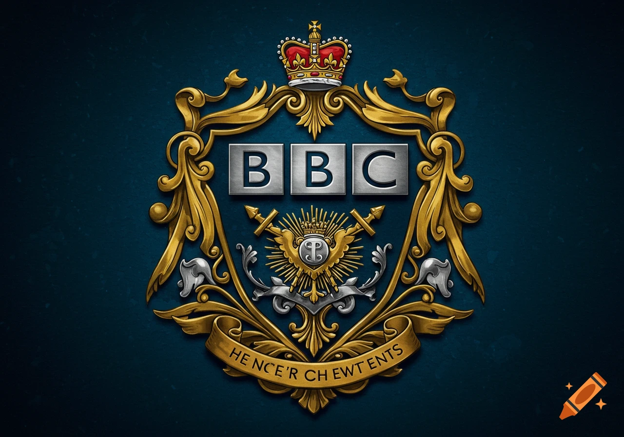 An ornate crest with a crown on top, featuring the letters "BBC" in silver blocks and a gold banner below with the garbled text "HENCE'R CHEWT ENTS".