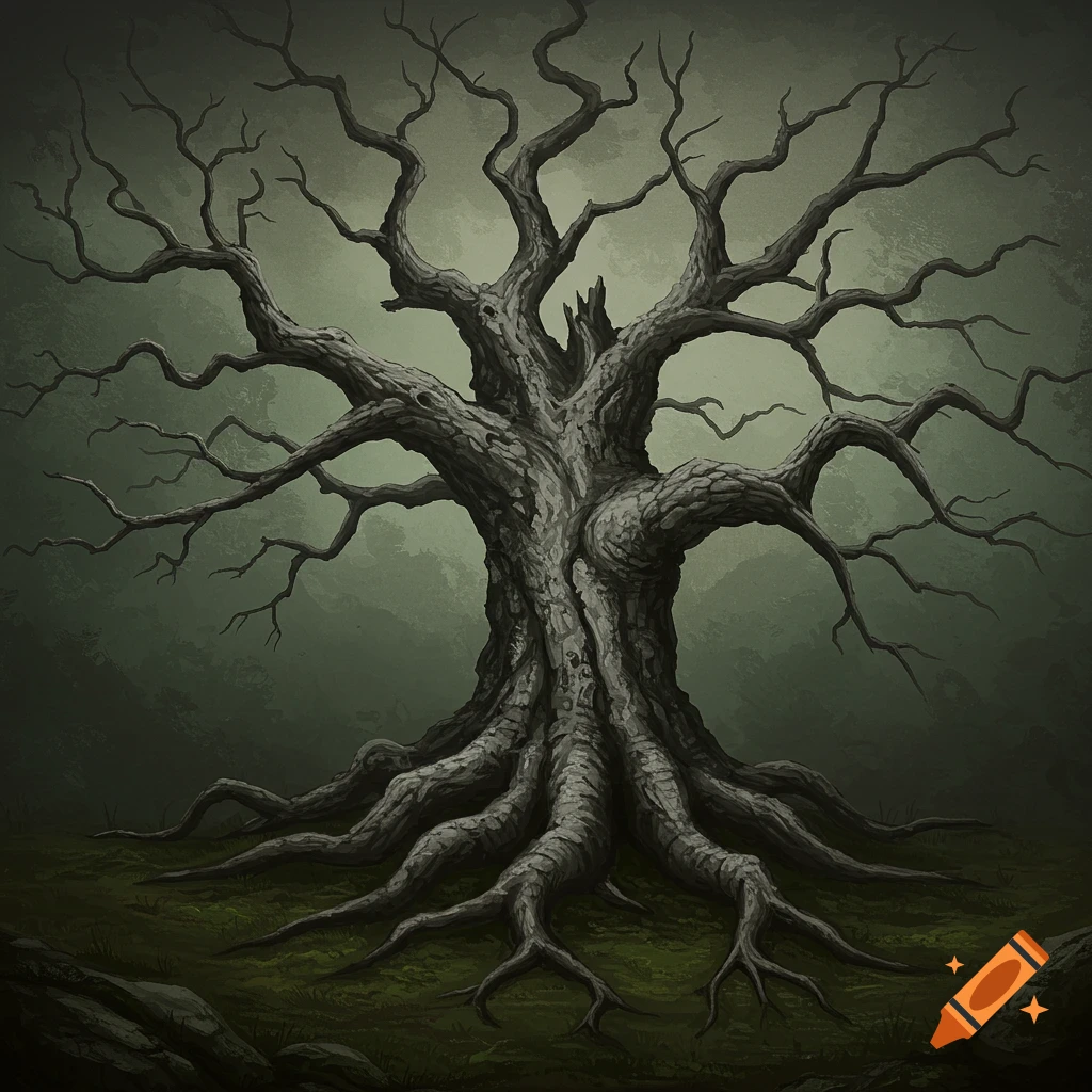 A dark, moody painting of an old, gnarled tree with exposed roots on mossy ground.