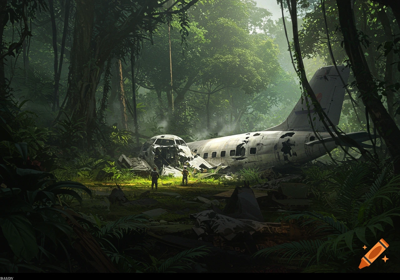 Digital art of a crashed airplane half-buried in a dense, sunlit jungle with two people observing it.