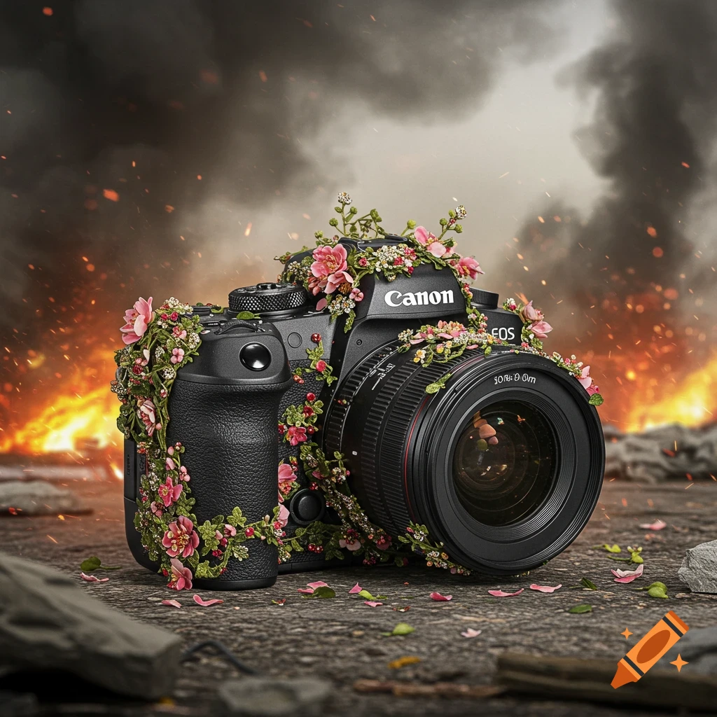 A professional black Canon camera, adorned with pink and red flowers and green vines, on cracked ground with fire and smoke.