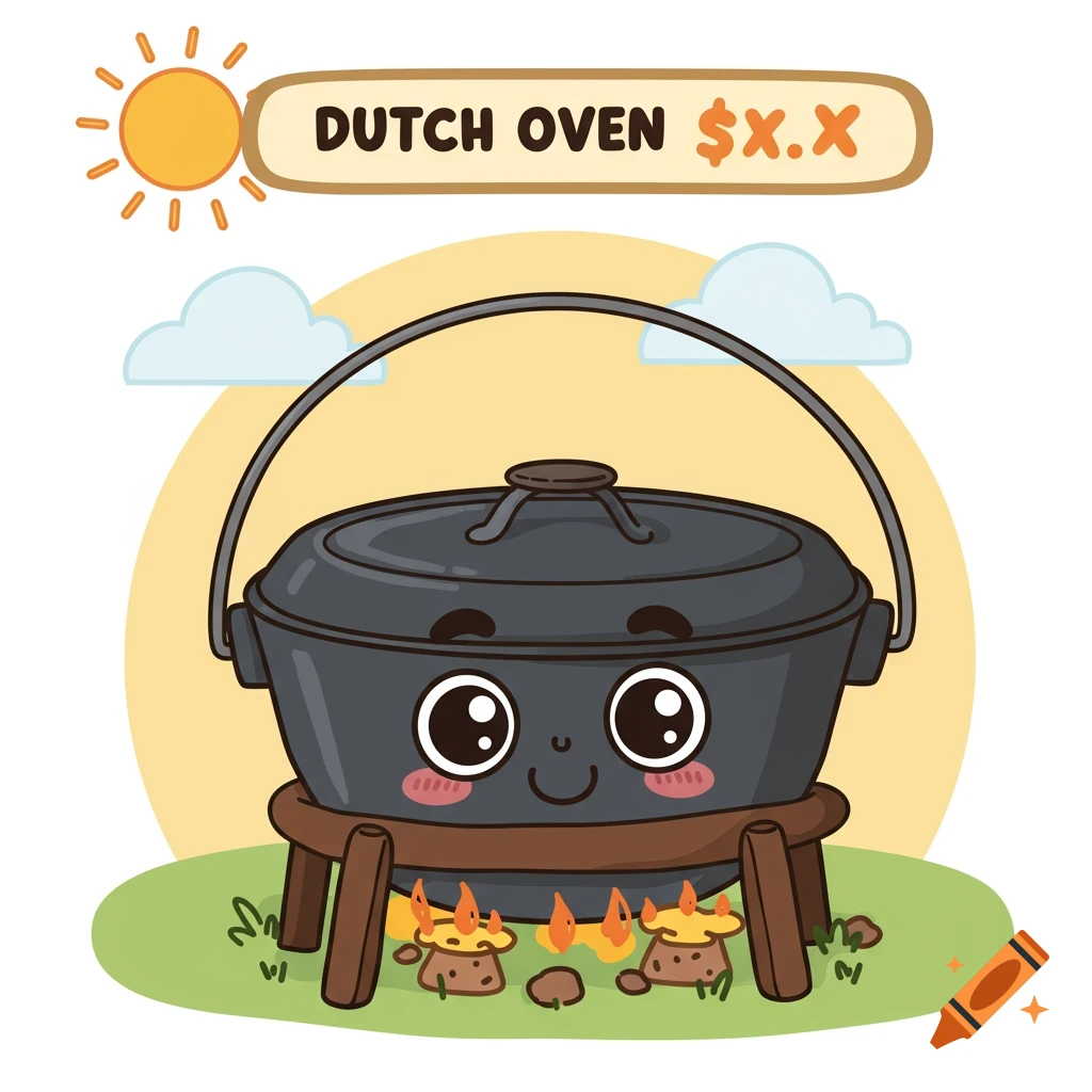 A cute cartoon Dutch oven with a face sits on a stand over a fire. 'DUTCH OVEN $X.X' above, with sun and clouds.