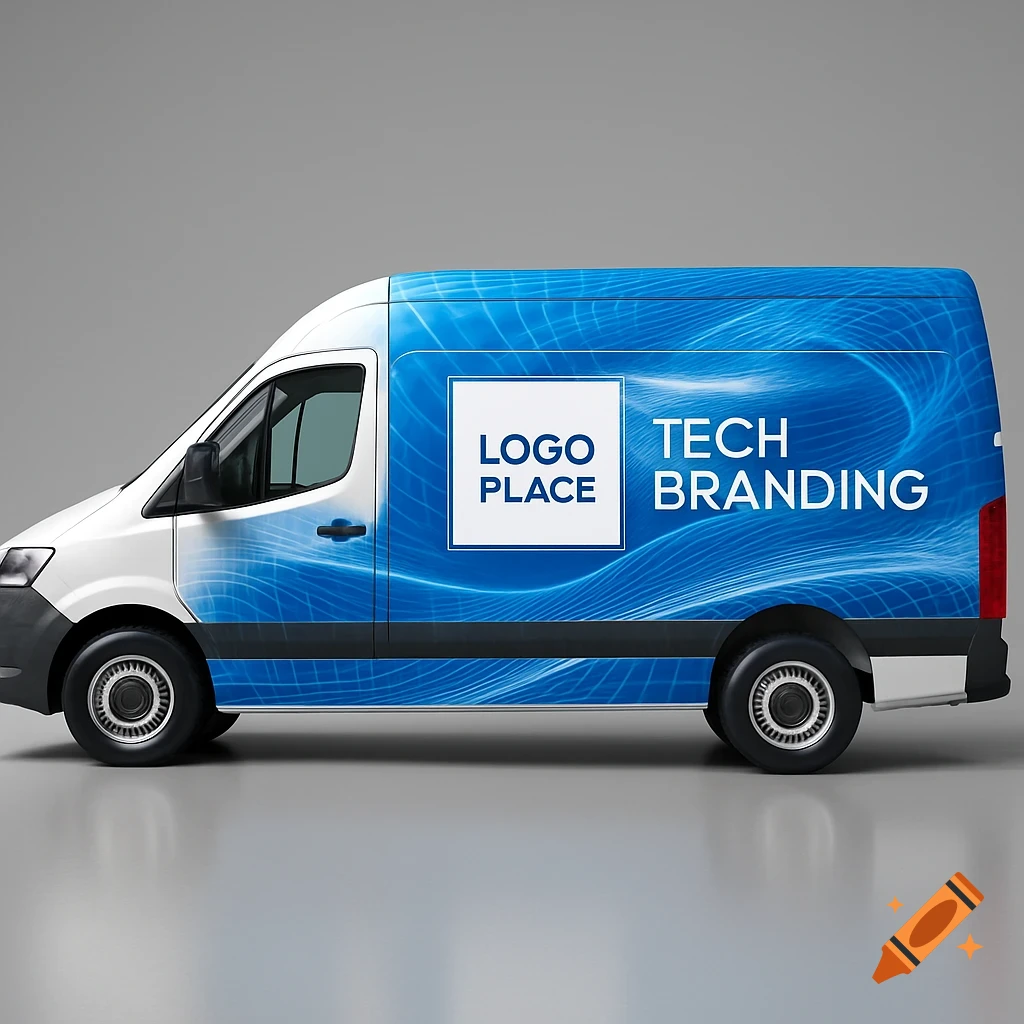A professional 3D render of a white delivery van with an electric blue and white tech-style branding wrap, displaying "LOGO PLACE" and "TECH BRANDING" on its side.