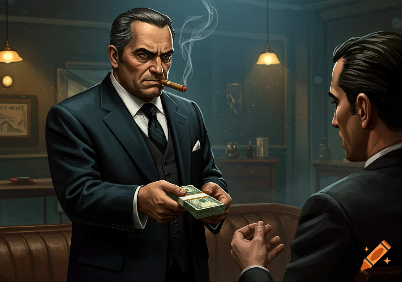 A stern man in a suit, smoking a cigar, hands a stack of money to another man in an illustrative style.