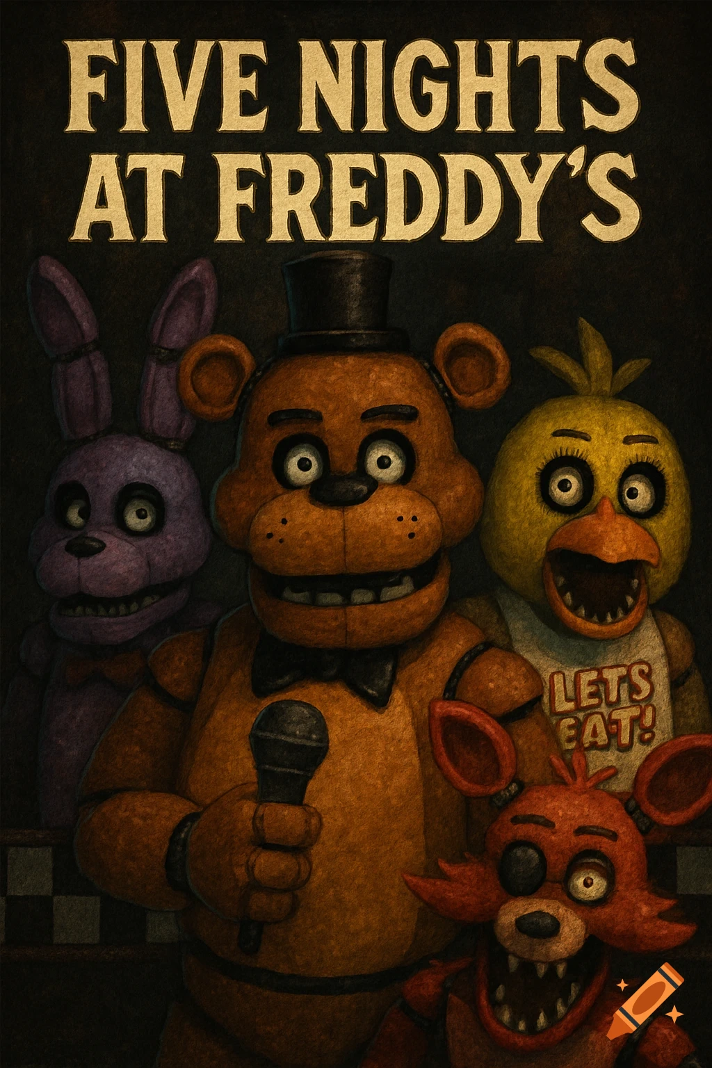 A dark, gritty poster for Five Nights at Freddy's, featuring Freddy Fazbear, Bonnie, Chica, and Foxy. Text says 'FIVE NIGHTS AT FREDDY'S' and 'LET'S EAT!'