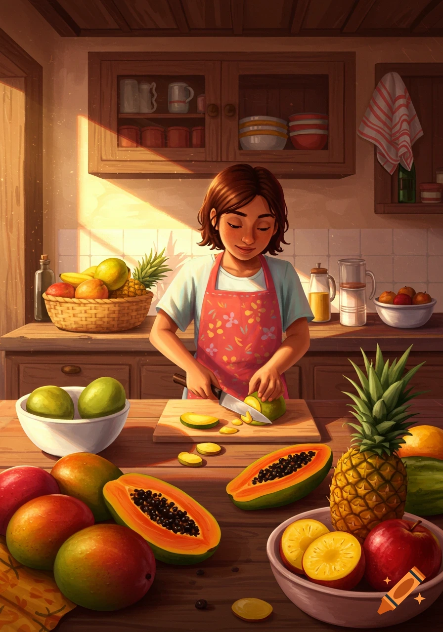 A person in a kitchen cuts fruit, surrounded by colorful tropical fruits, in a vibrant, sunlit illustration style.