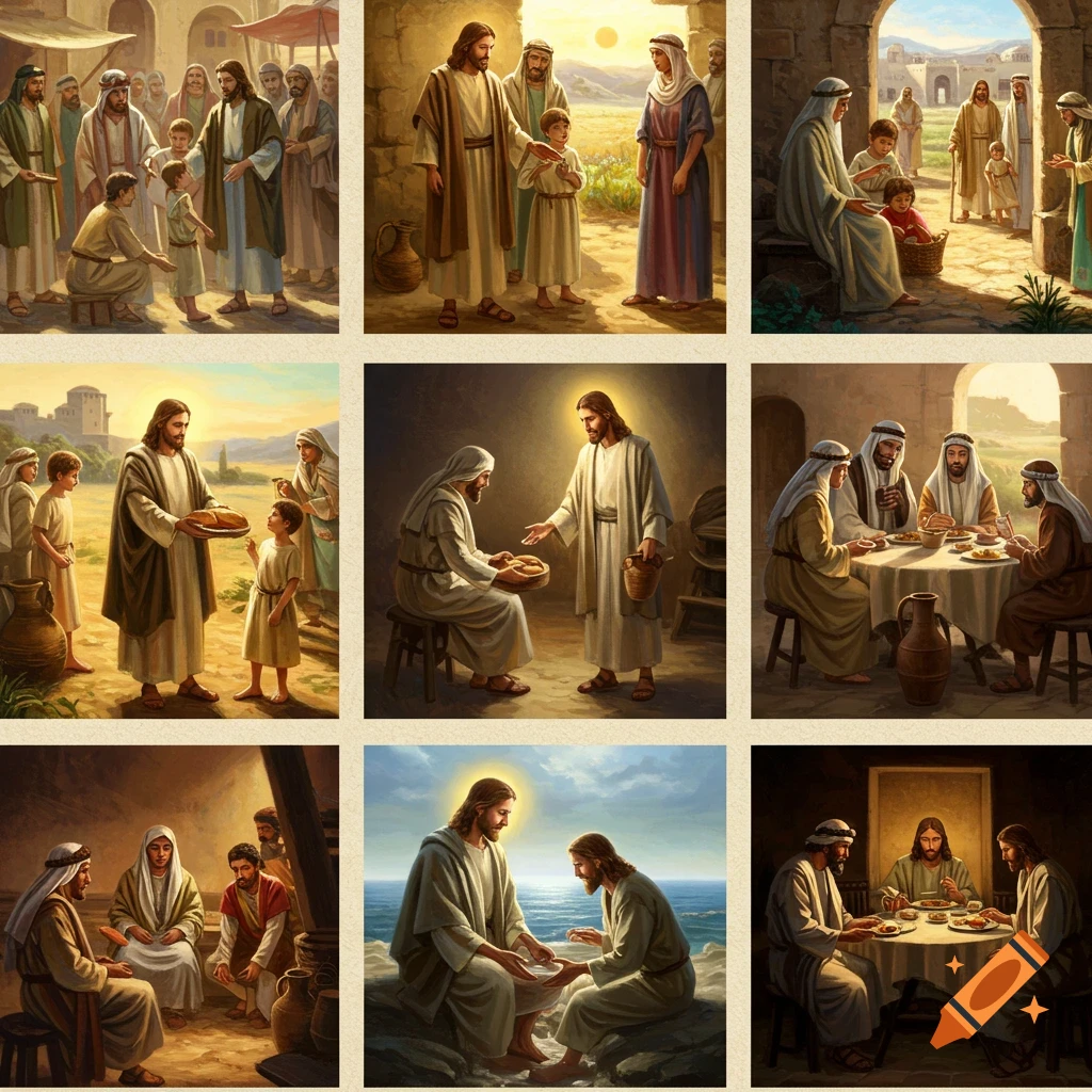 Nine painted scenes depicting Jesus serving others, sharing food, teaching, and washing feet in a classical biblical art style.