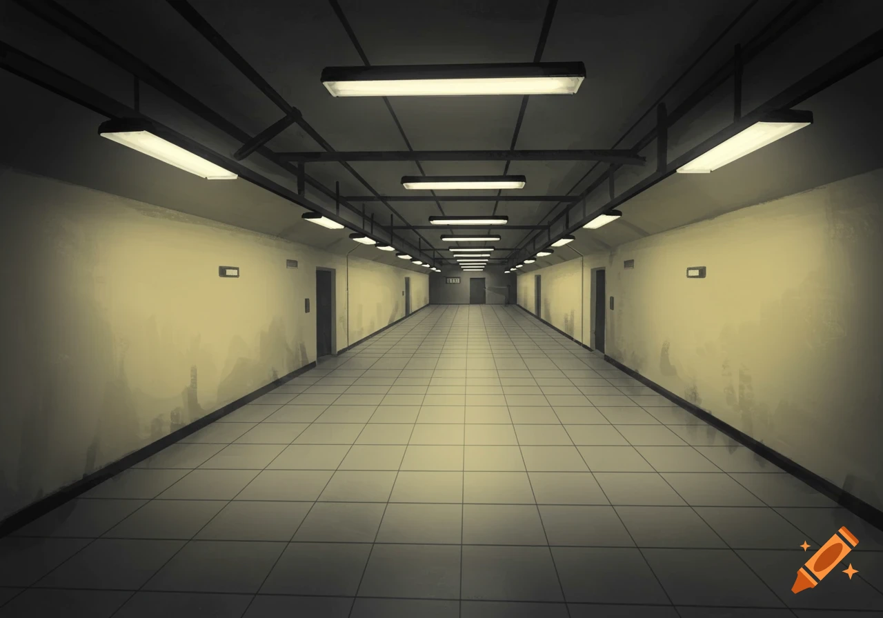 A long, dim corridor with fluorescent lights on the ceiling, tiled floors, and doors lining both sides, rendered in a desaturated, eerie style.