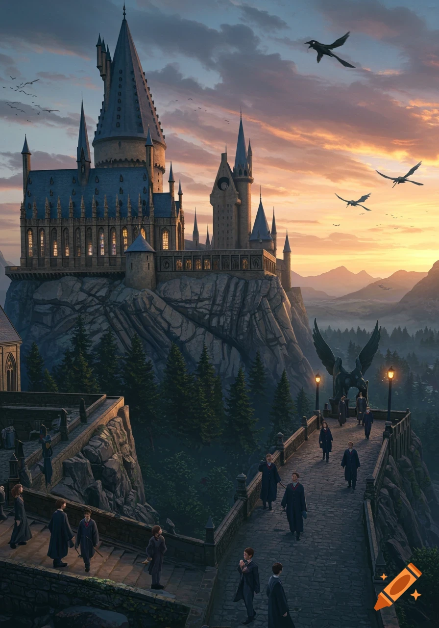 Hogwarts castle on a rocky cliff at sunset, with students walking on a ...