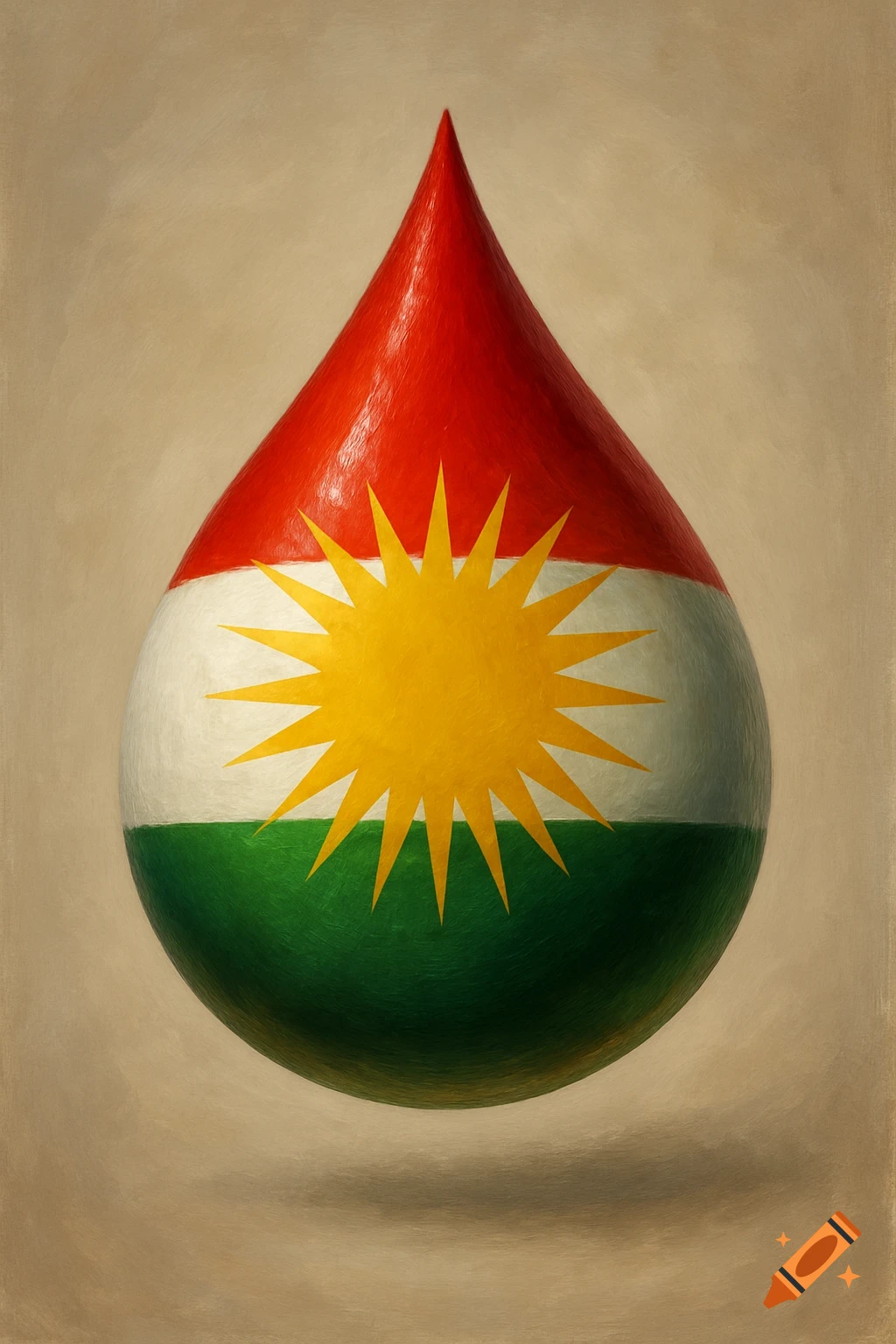 A painterly image of a teardrop-shaped object with the Kurdistan flag design, featuring red, white, green stripes and a yellow sun.
