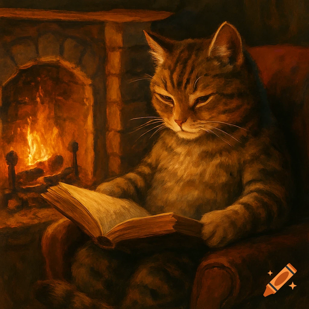A tabby cat sits in an armchair by a warm fireplace, engrossed in reading an open book, painted in a cozy, warm style.