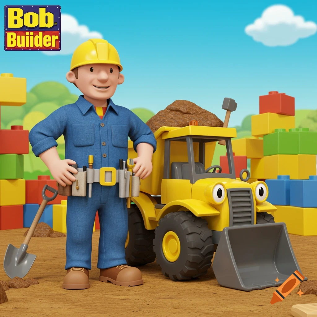 Cartoon man in blue overalls and yellow hard hat next to a yellow construction vehicle and colorful blocks.
