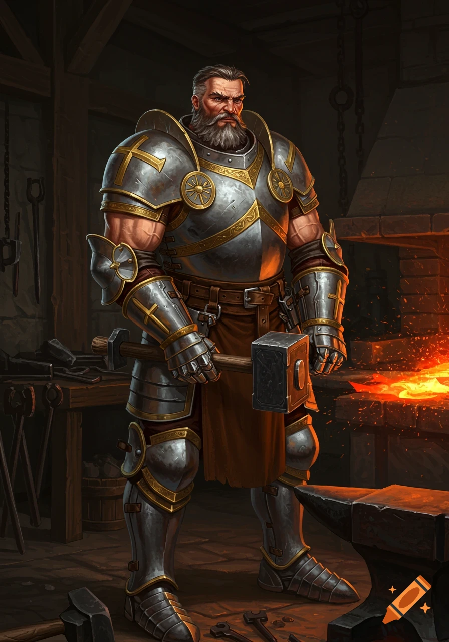 A bearded man in ornate silver and gold knight armor stands in a blacksmith's shop, holding a large hammer next to a glowing forge.