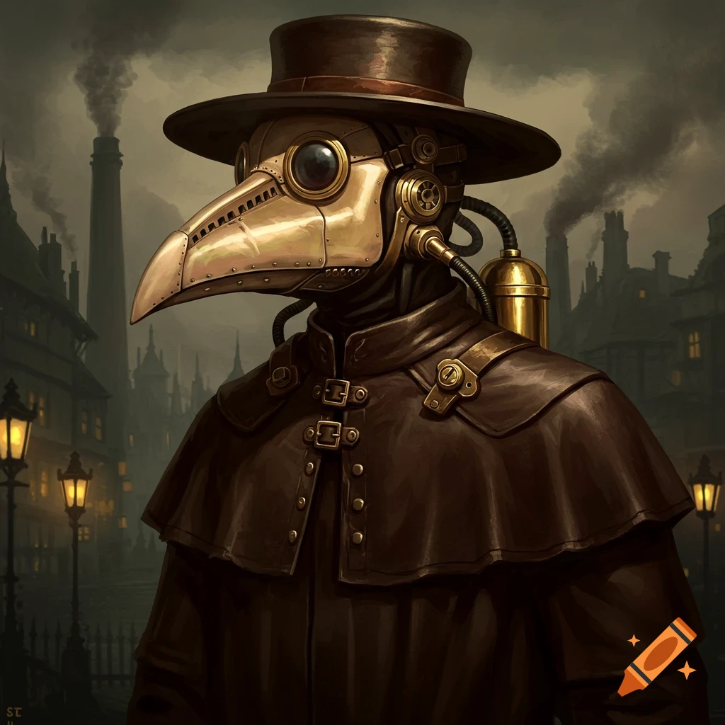 A steampunk plague doctor in a brown coat and top hat with a golden beaked mask, standing in a dark, foggy city.