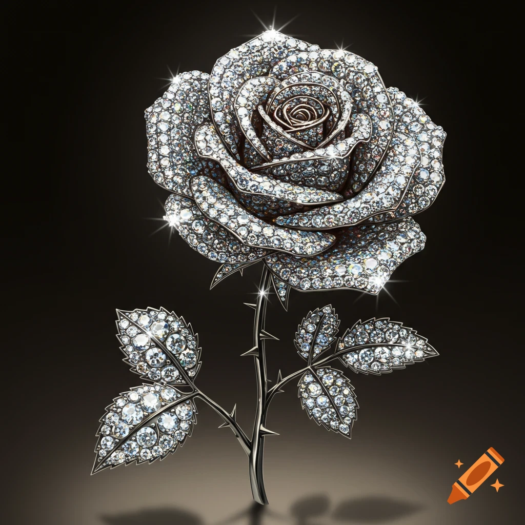 A gleaming rose crafted entirely from sparkling diamonds and set against a dark, reflective background.