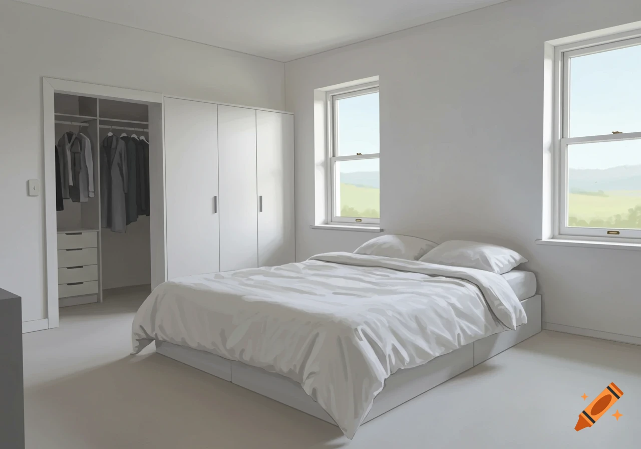 A modern, all-white bedroom with a queen-sized bed, two windows overlooking a landscape, and a minimalist closet.
