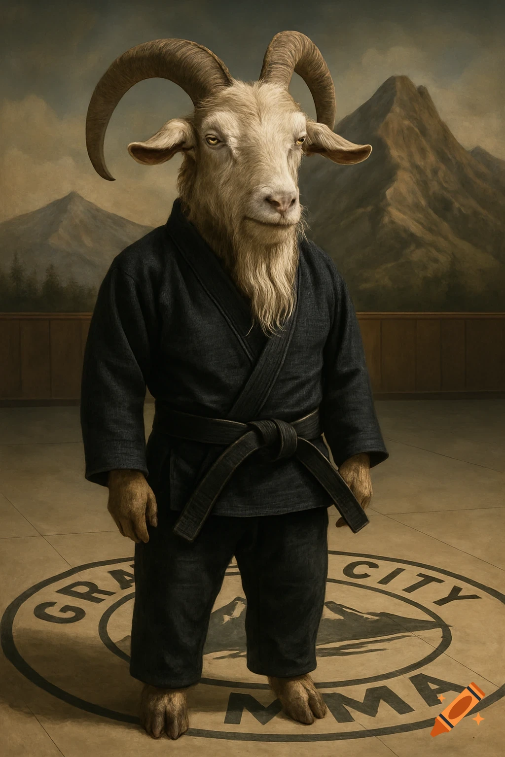 A realistic anthropomorphic goat wearing a black Brazilian Jiu-Jitsu gi and black belt stands on a dojo floor that says 'Granite City MMA', with mountains in the background.