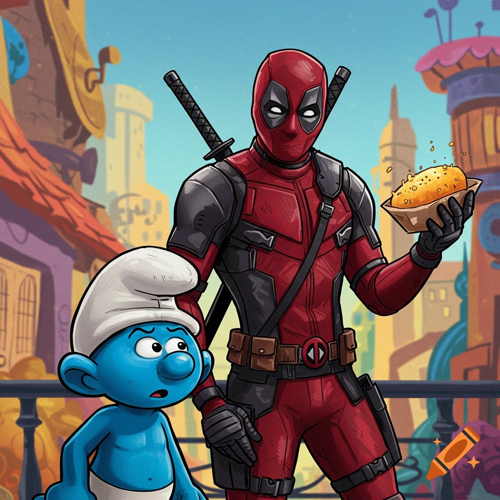 Deadpool holds a hotdog while standing next to a Smurf in a cartoon style city scene.