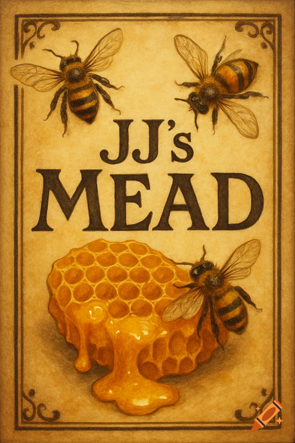 A vintage-style label for JJ's Mead, featuring three bees and a honeycomb dripping with golden honey on a sepia background.