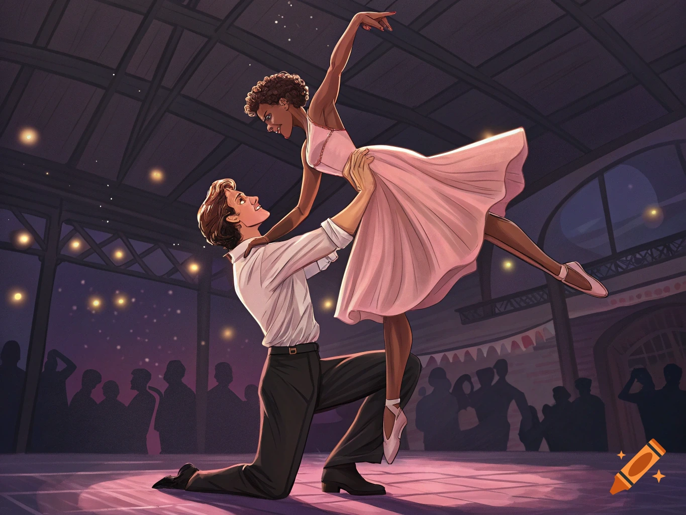 An illustrated man in a white shirt lifts a woman in a pink dress in a dance pose on a stage under string lights, with a silhouetted audience.