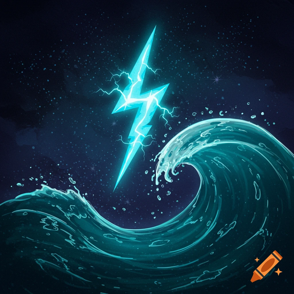 A stylized, glowing blue lightning bolt strikes a large teal ocean wave under a dark, starry night sky.