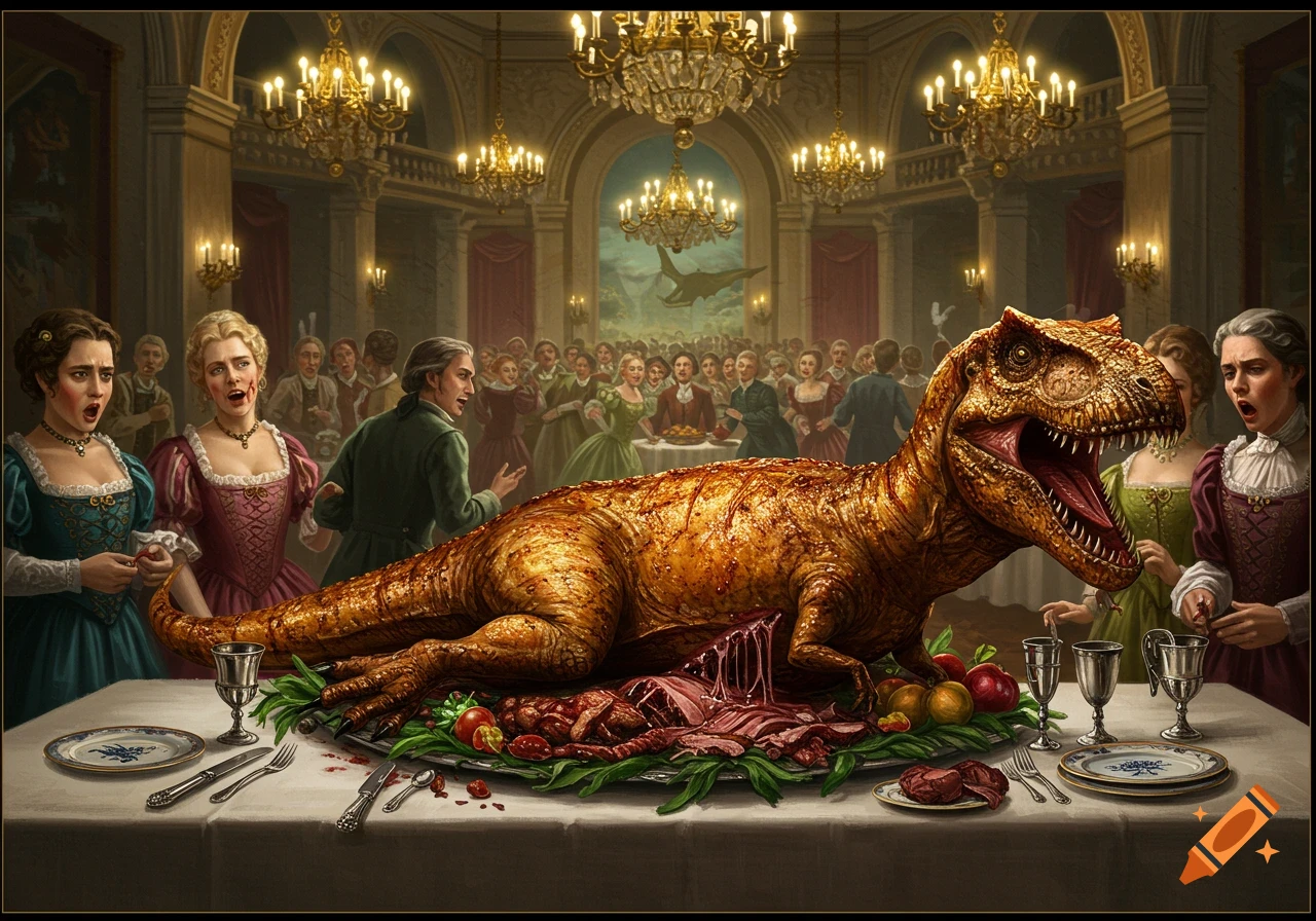 A gigantic roasted T-Rex is served as the main course at a lavish historical banquet, with shocked guests looking on in a grand hall.