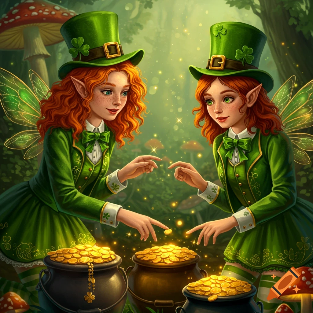 Two red-haired fairy-like leprechauns in green outfits with wings, surrounded by pots of gold in a magical forest.