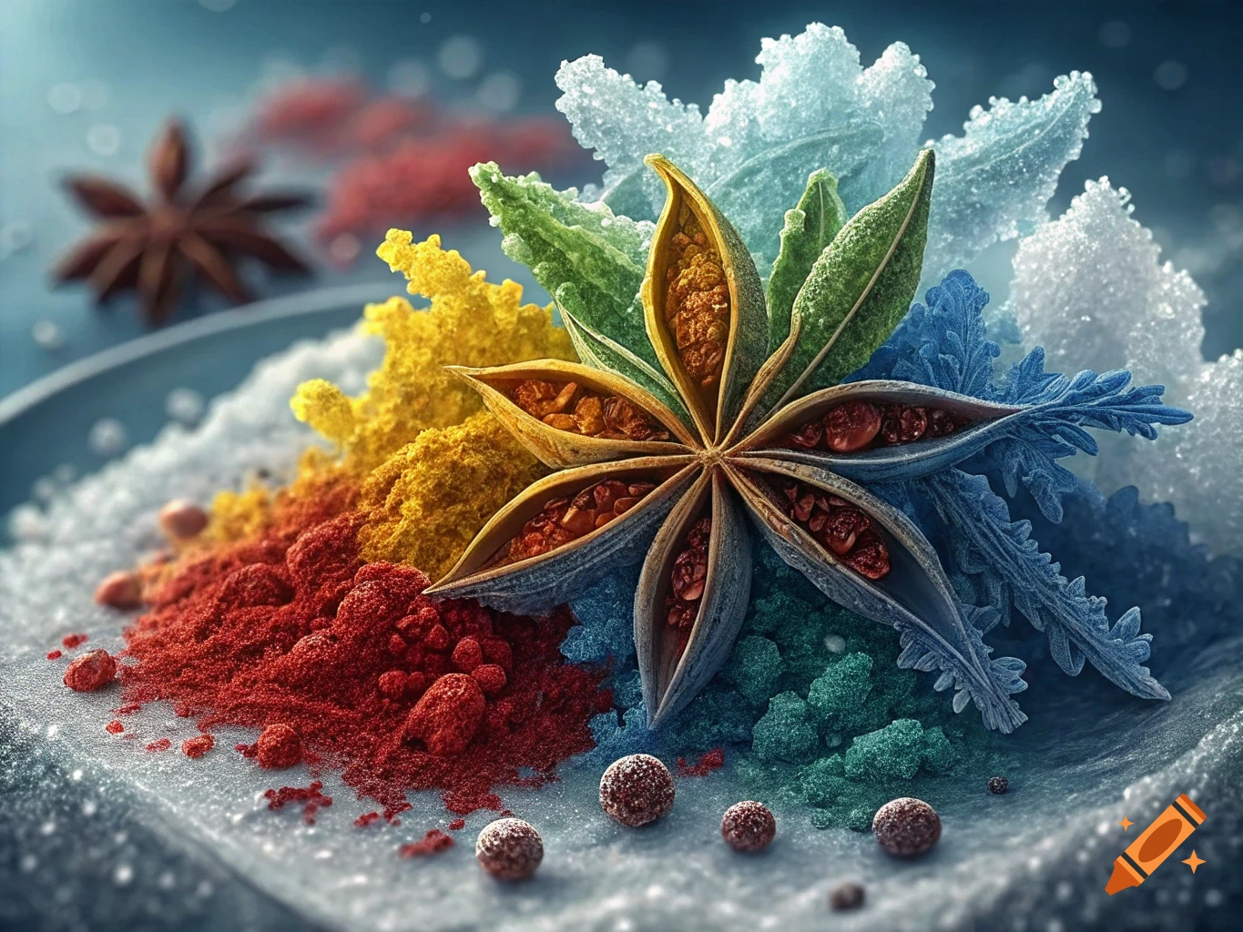 A vibrant, close-up shot of a star anise pod surrounded by colorful red, yellow, green, and blue spices and icy crystal formations.