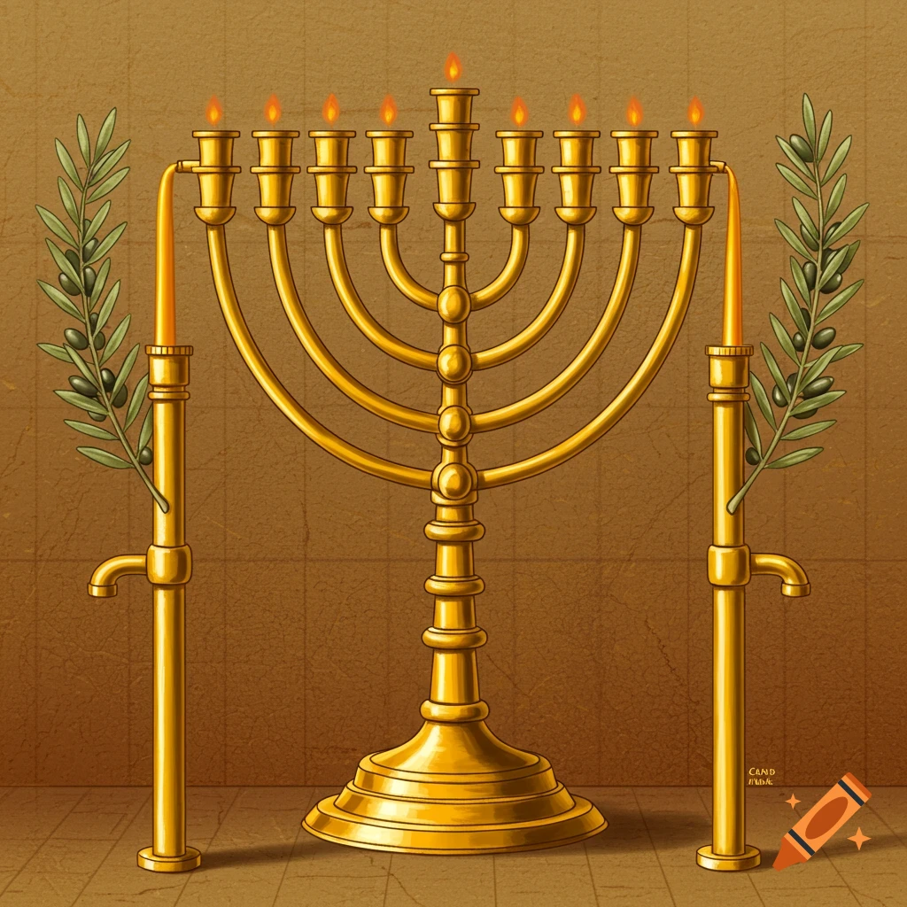A golden lampstand with seven candles and two golden pipes on either side, each with an olive branch, on a textured brown background.