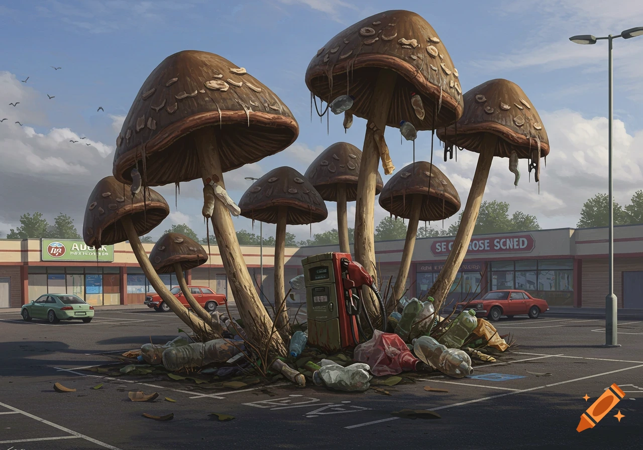 A realistic painting of giant, dirty mushrooms growing from trash and a gas pump in a shopping center car park.
