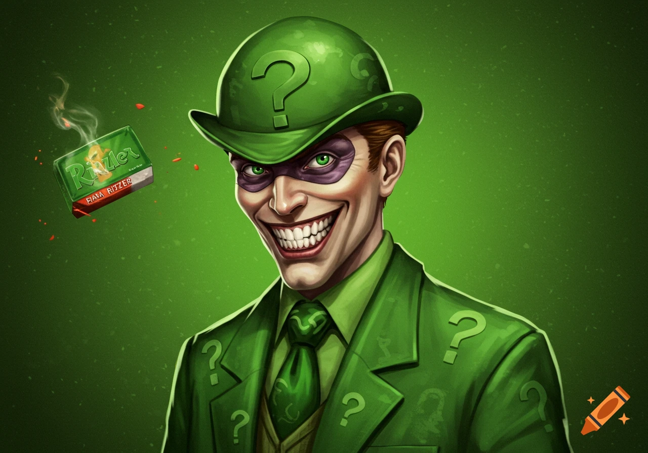 An illustration of a green-suited villain, similar to the Riddler, with a wide smile and a purple mask, holding a floating green box that reads "Rizler" in a stylized font.