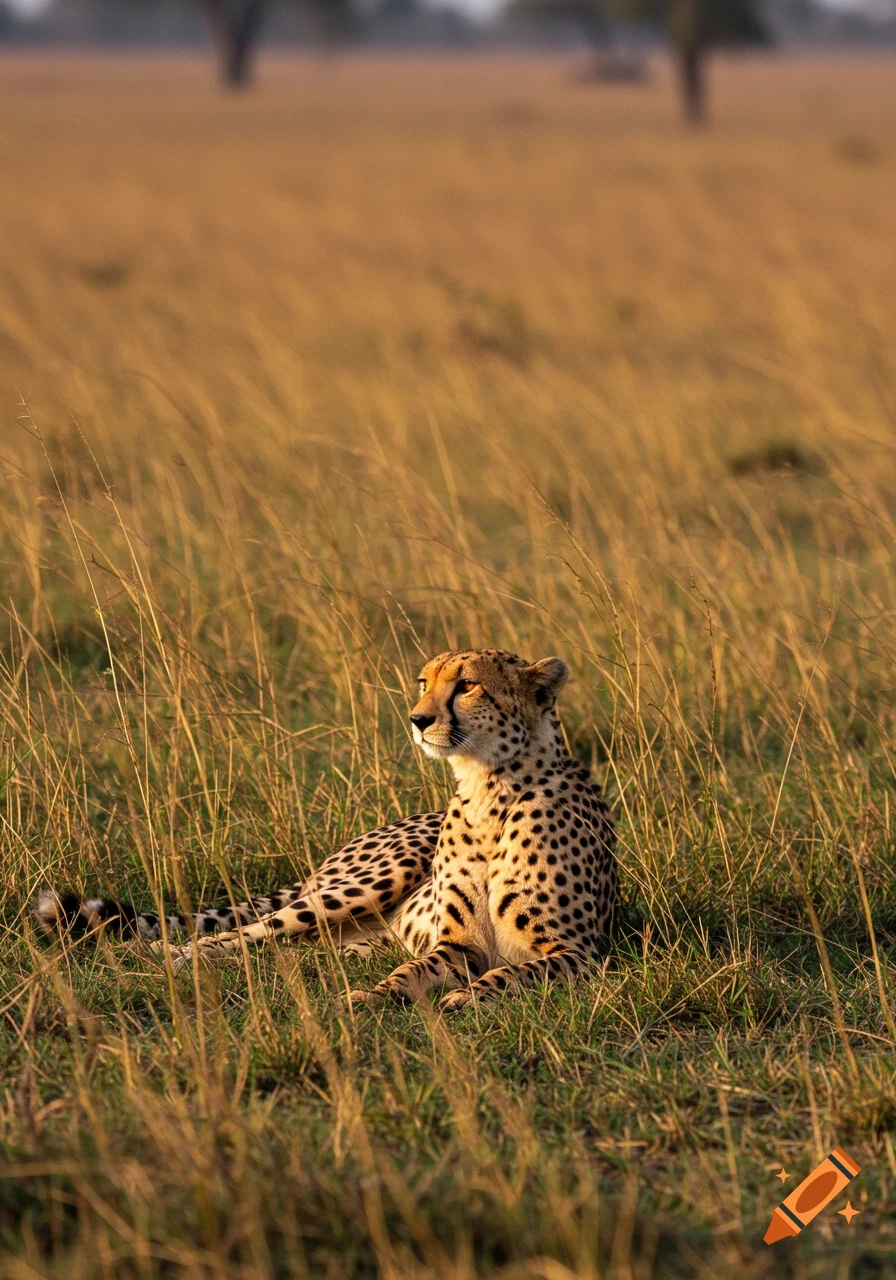 A cheetah lies in tall golden grass, bathed in sunlight.