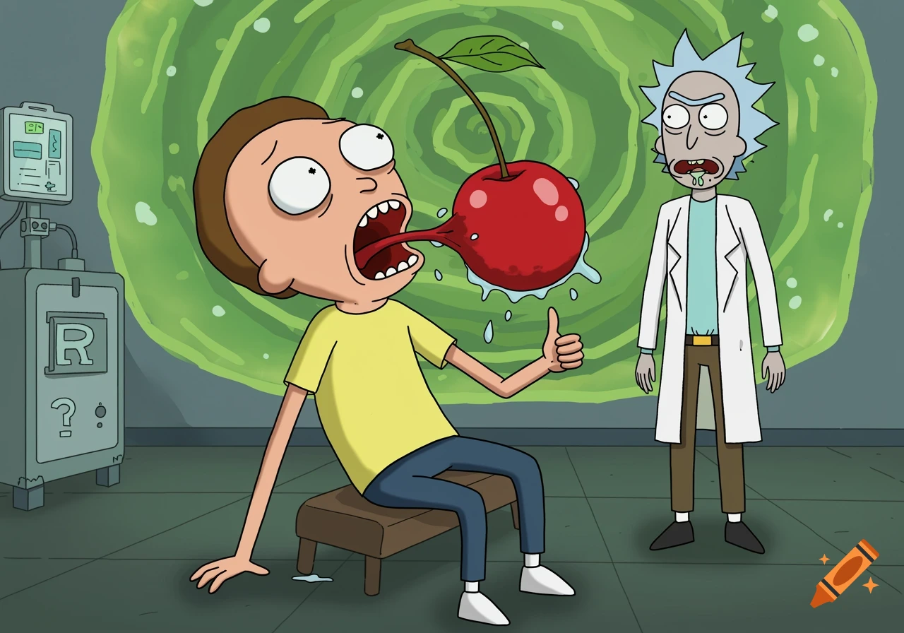 A Morty-like character with three eyes and a cherry stuck in his mouth gives a thumbs up, while a Rick-like character watches in a lab with a green portal.