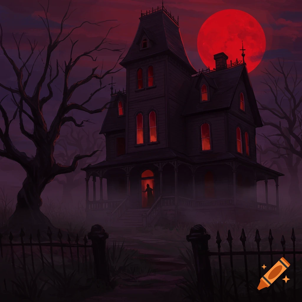 A dark, spooky haunted mansion with red glowing windows and a silhouette in the doorway under a large red moon.