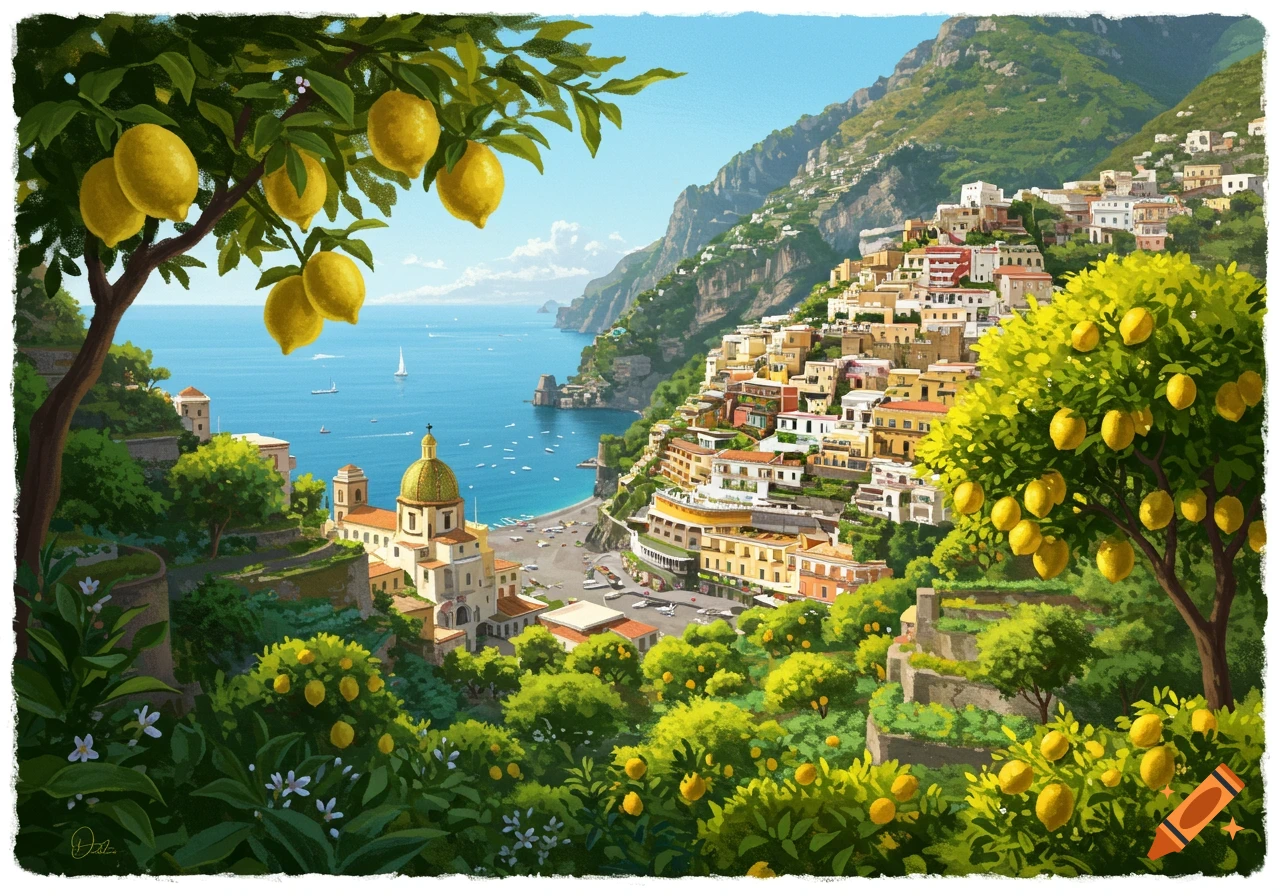 A vibrant painting of the Amalfi Coast with a town on a hill overlooking the sea, framed by many lemon trees.