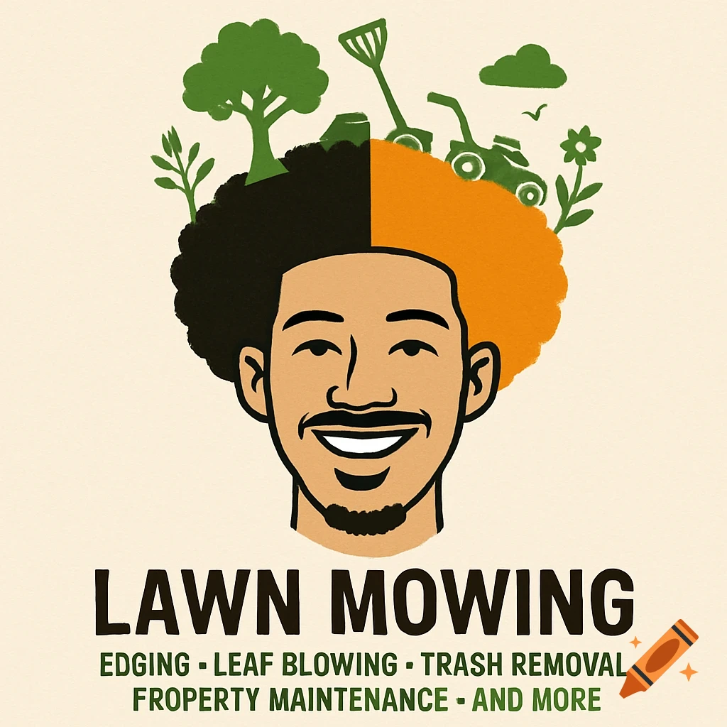 A stylized portrait logo of a smiling man with a two-tone afro featuring landscaping elements like a tree and lawnmower. Text lists 'Lawn Mowing' and services.