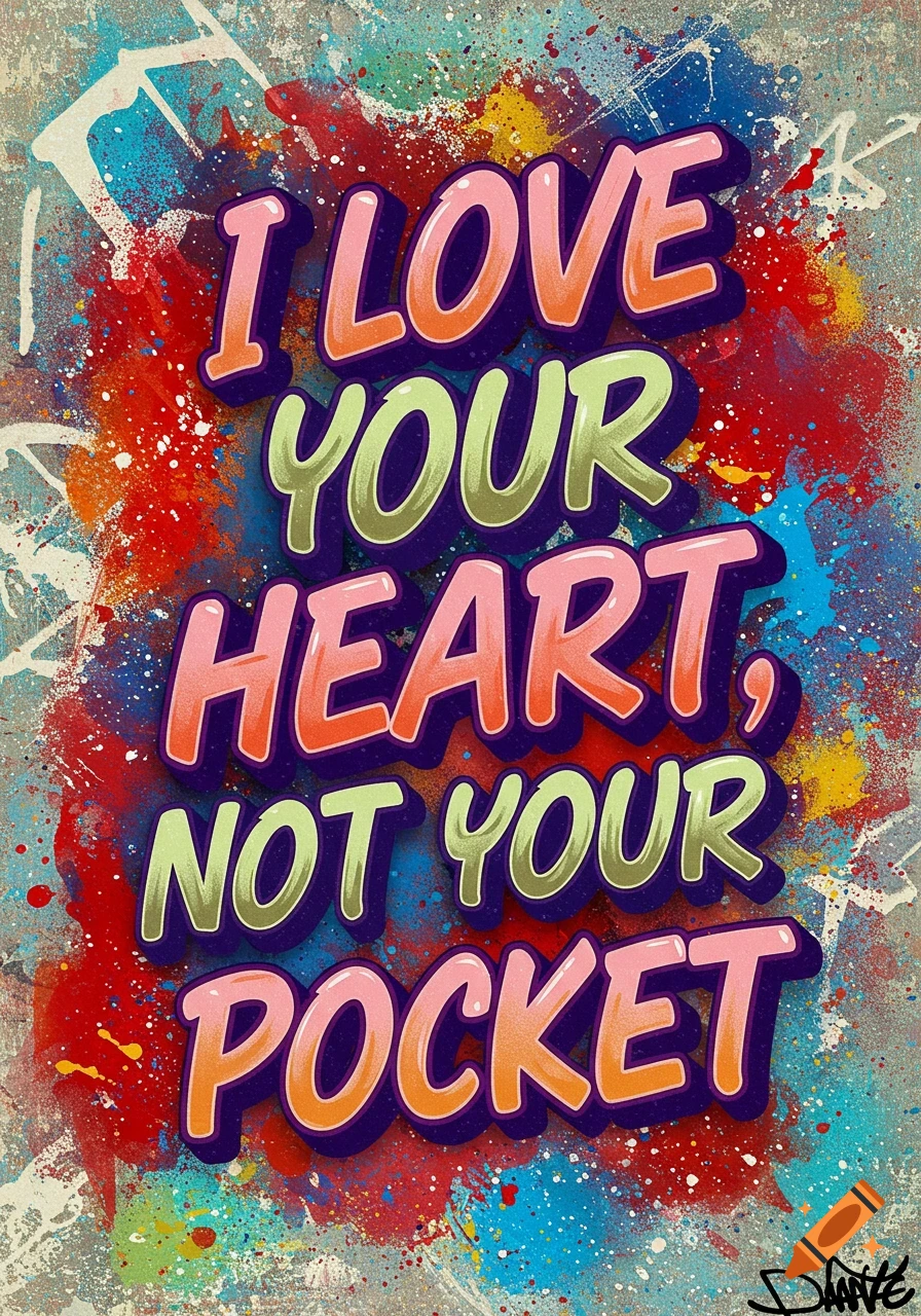 Colorful graffiti art with the text 'I LOVE YOUR HEART, NOT YOUR POCKET' on a paint-splattered background.