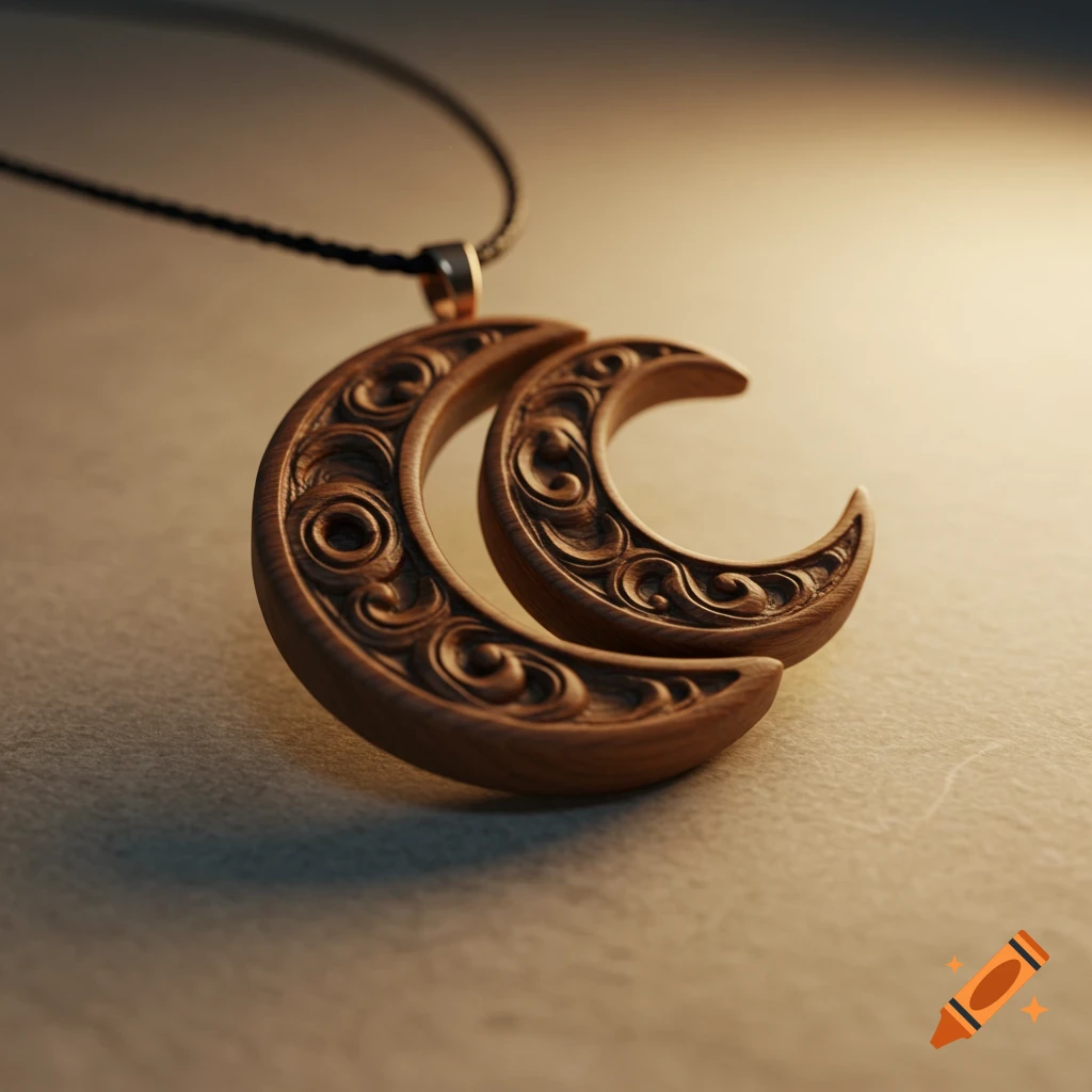 Photorealistic wooden pendant featuring two intricately carved crescent moons on a black cord.
