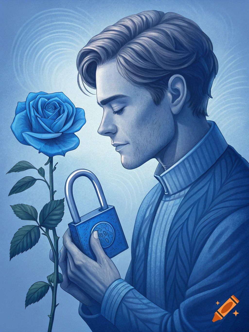Illustration of a man in blue holding a blue padlock, with a blue rose to his left, against a blue patterned background.