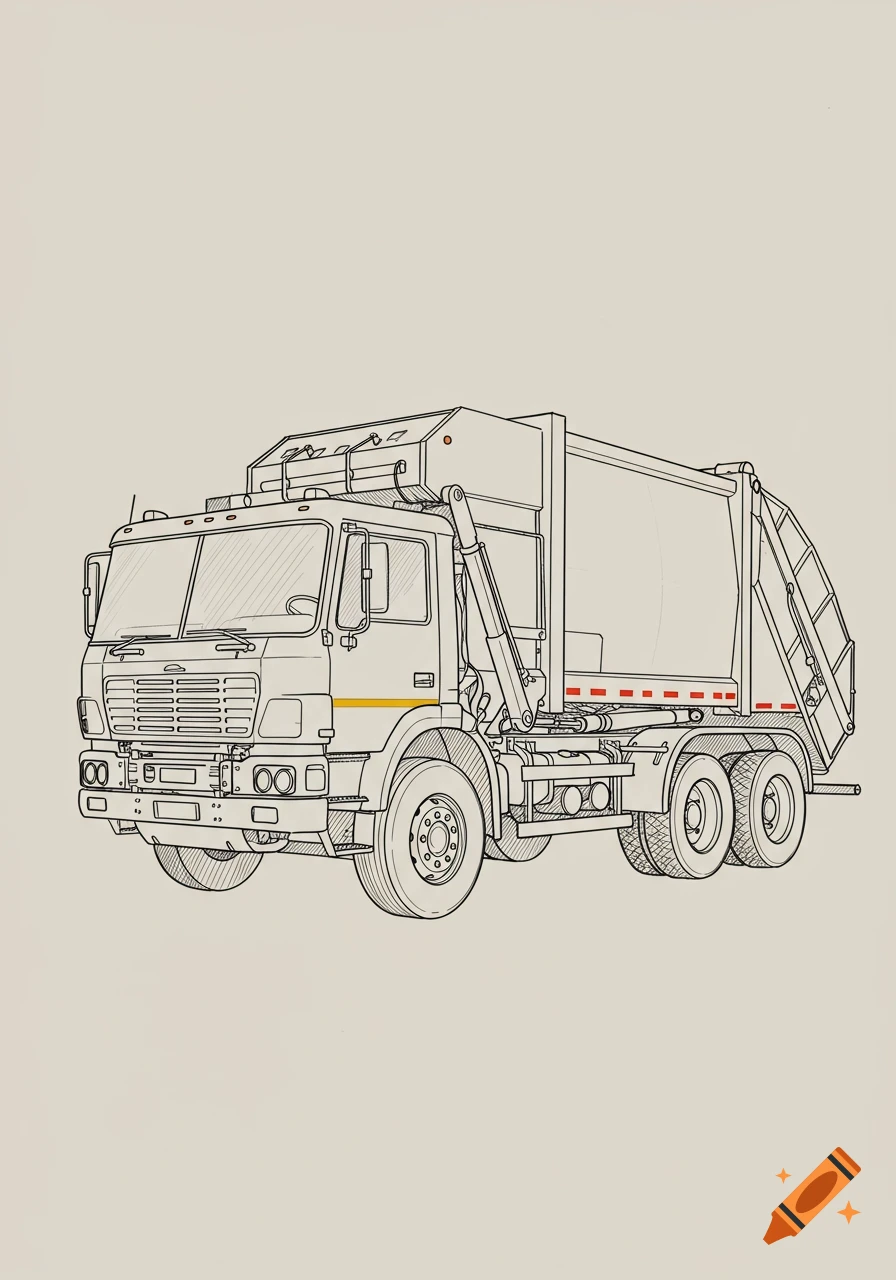 A clean line drawing illustration of a garbage truck on a plain background.