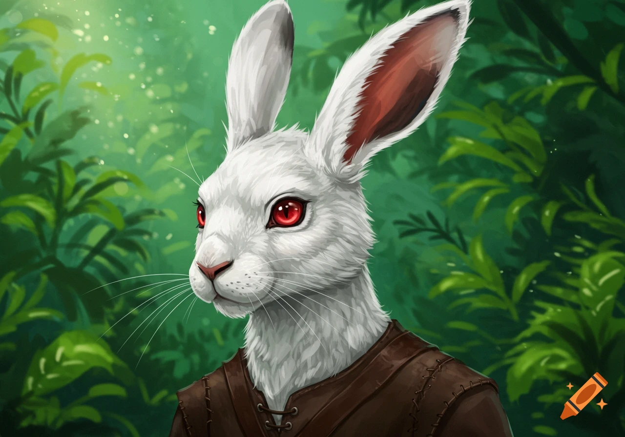 A white anthropomorphic hare with striking red eyes wears a brown tunic against a lush green forest background.
