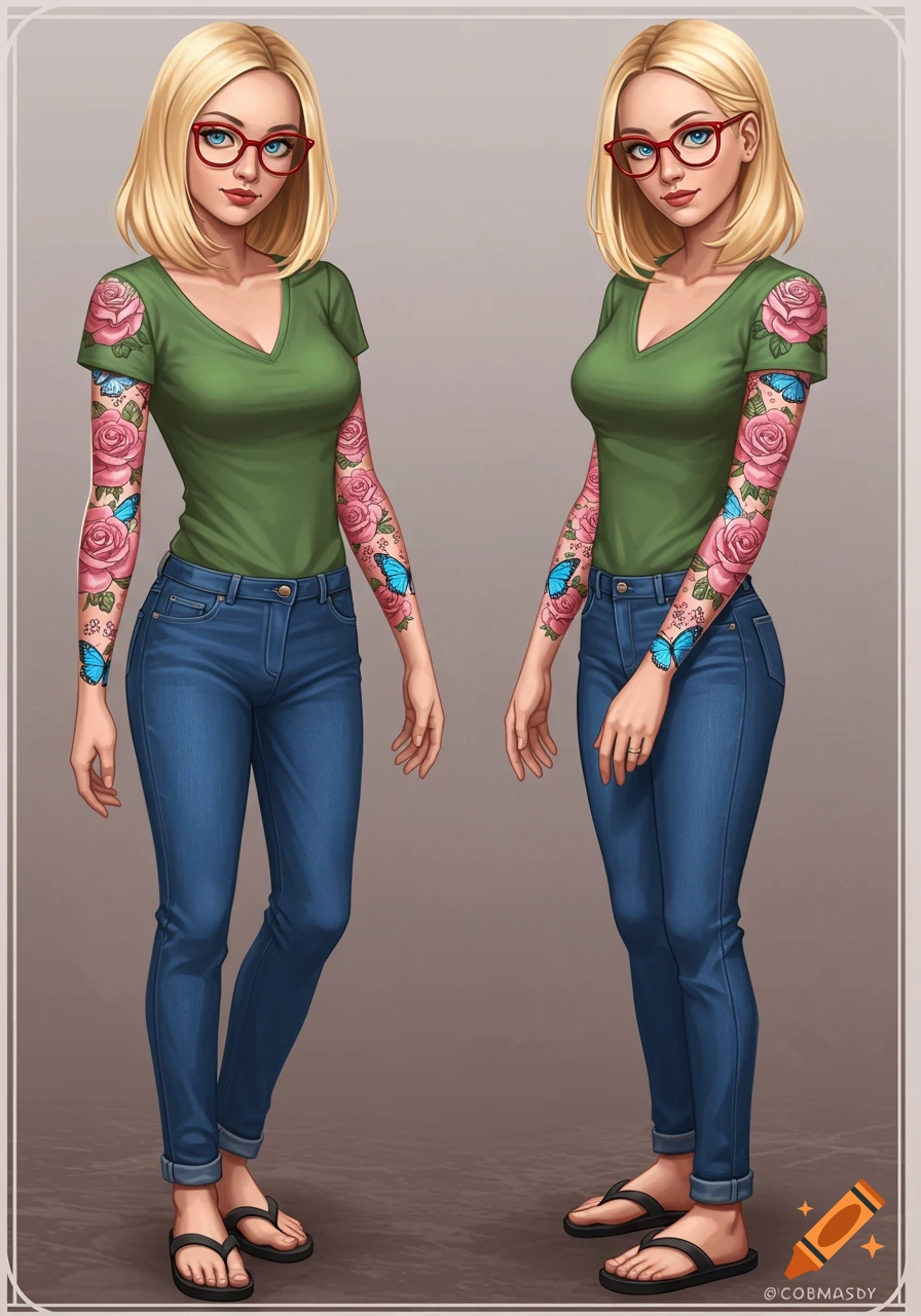 Illustrative full-body view of a blonde woman with red glasses, green t-shirt, blue jeans, black flip-flops, and pink rose with blue butterfly tattoo sleeves.