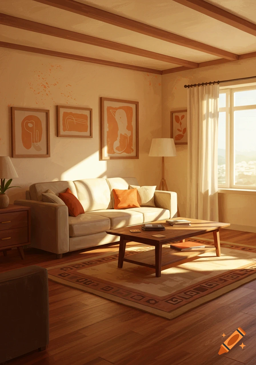 A warm, sunlit living room with a beige sofa, wooden coffee table, abstract art, and a large window, in a realistic style.