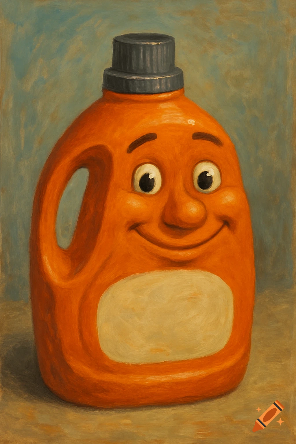 An orange laundry detergent bottle with a smiling cartoon face and a grey cap, depicted in a painting style.
