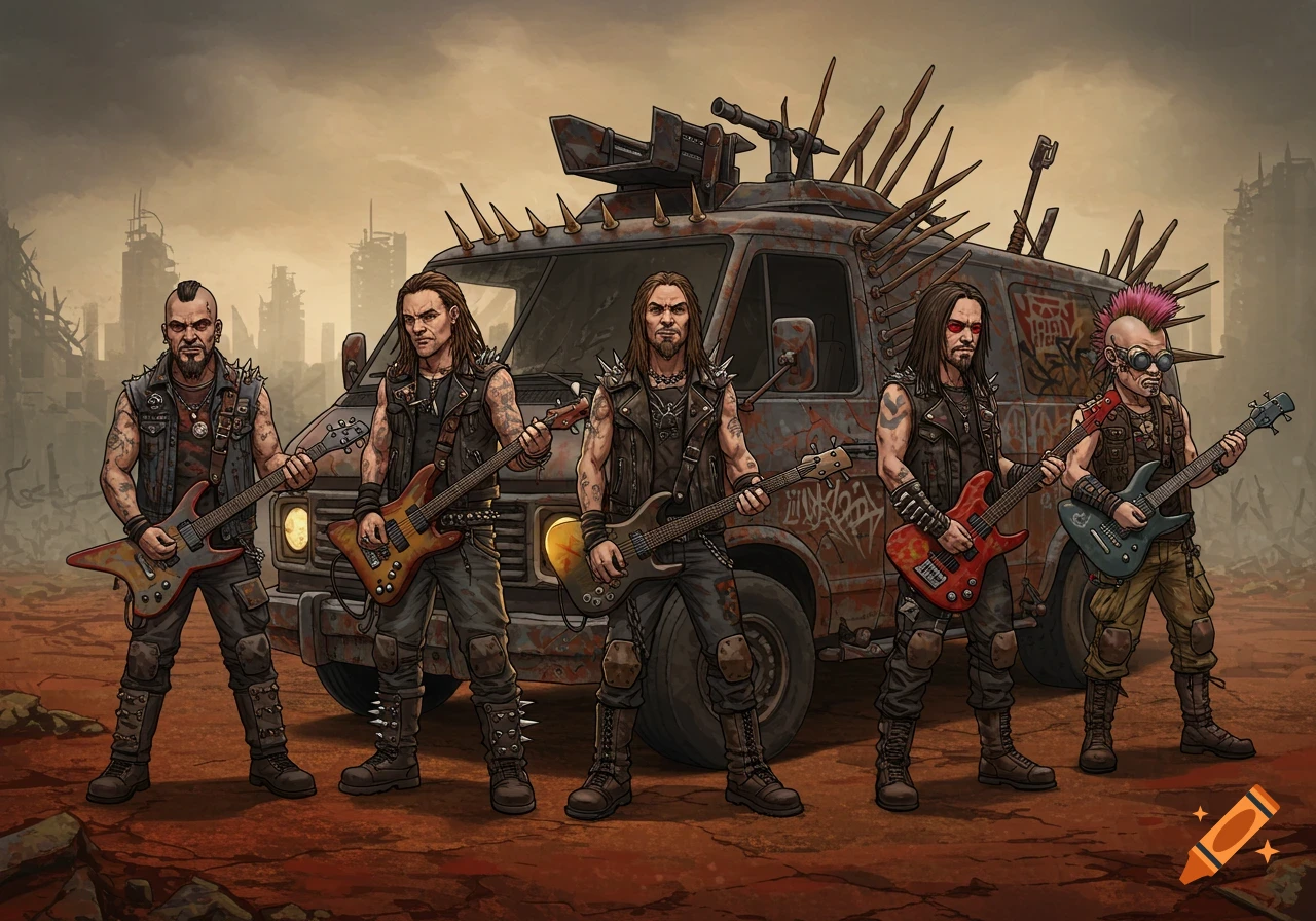 Five stylized heavy metal band members with guitars pose in front of a spiked van in a post-apocalyptic wasteland.