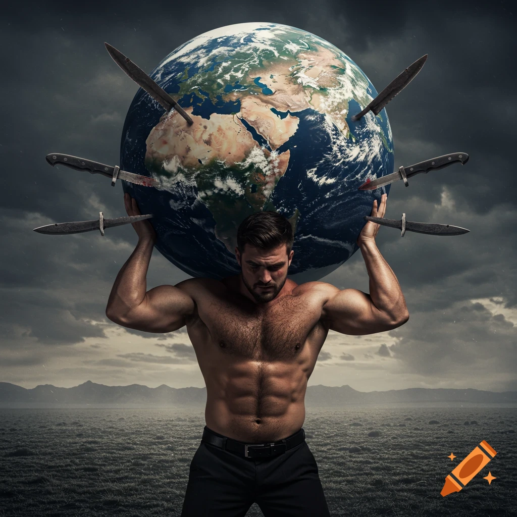 Muscular man carries Earth with knives stuck in it on his shoulders, under a stormy sky.